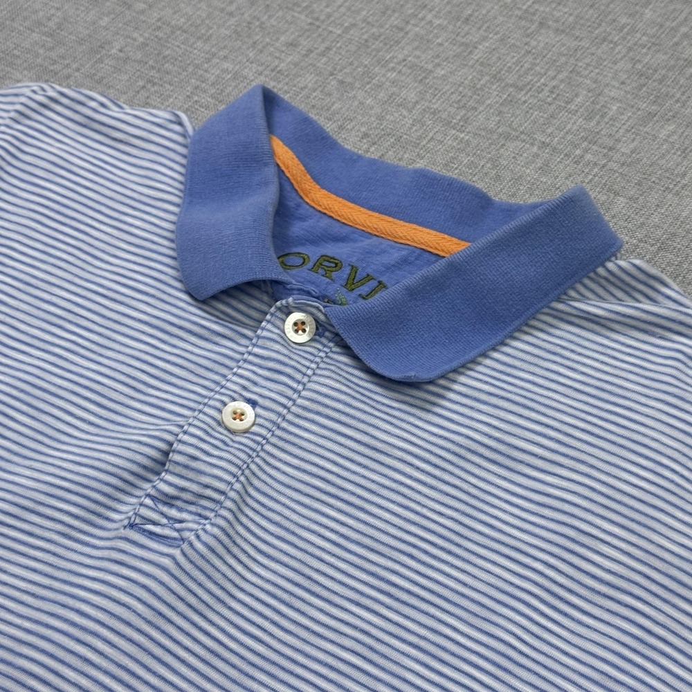 Orvis Polo Shirt Mens XL Blue Striped Fly Fishing Embroidered Cotton Modal